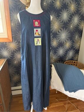 Vintage 90s White Stag Holiday Winter Cats Denim Maxi Jumper Dress XL
